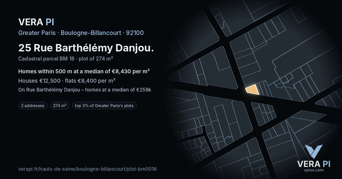 25 Rue Barthélémy Danjou, Boulogne-Billancourt at night – the plot lit, the parcels around coloured by the prices near them