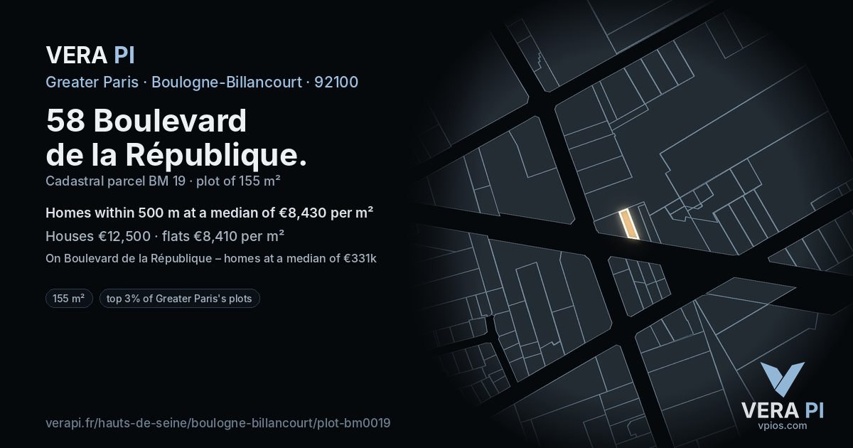 58 Boulevard de la République, Boulogne-Billancourt at night – the plot lit, the parcels around coloured by the prices near them