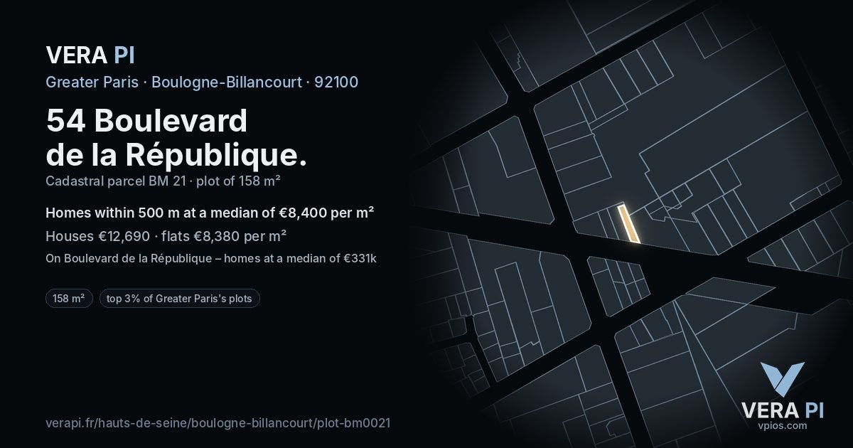 54 Boulevard de la République, Boulogne-Billancourt at night – the plot lit, the parcels around coloured by the prices near them