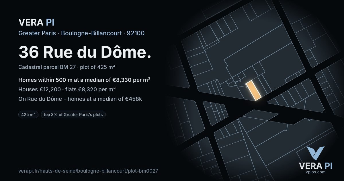 36 Rue du Dôme, Boulogne-Billancourt at night – the plot lit, the parcels around coloured by the prices near them