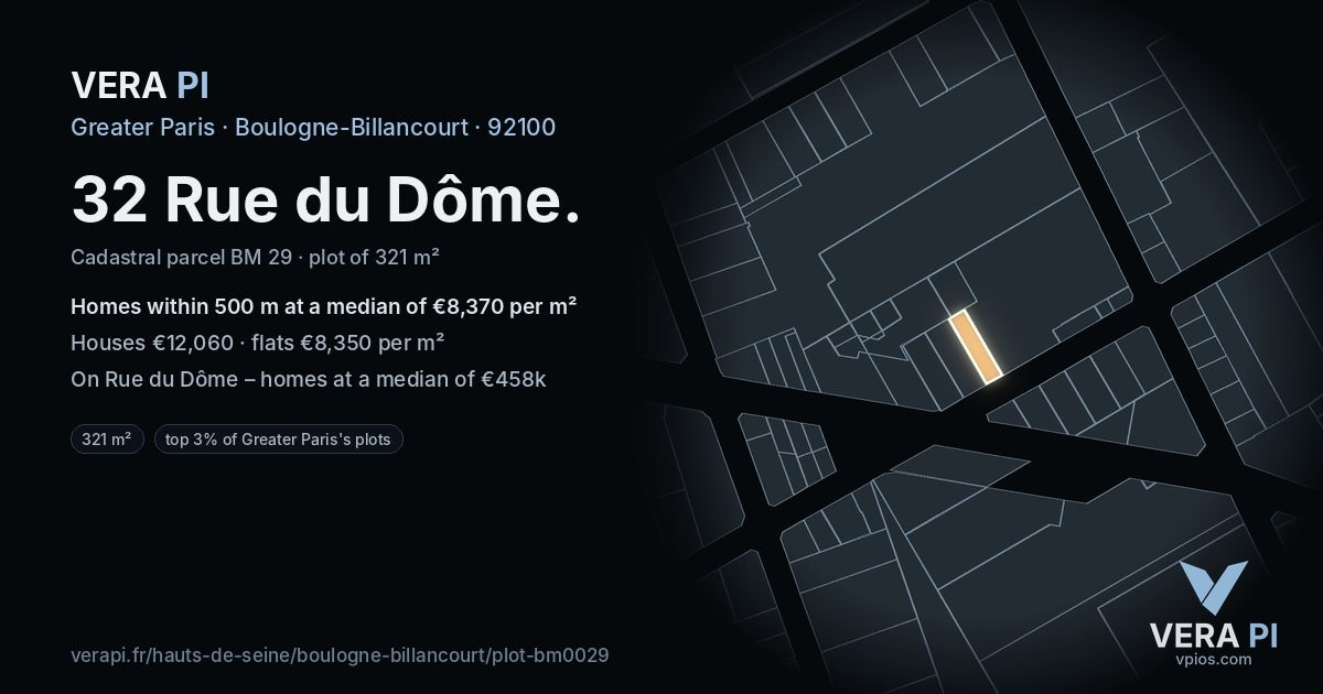 32 Rue du Dôme, Boulogne-Billancourt at night – the plot lit, the parcels around coloured by the prices near them