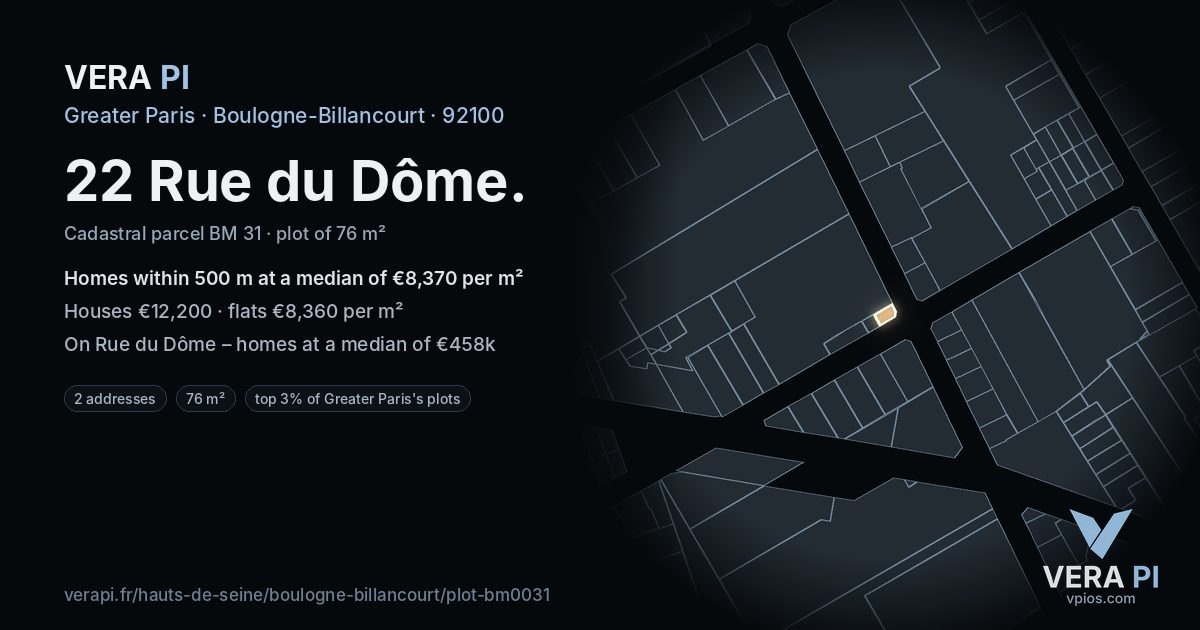 22 Rue du Dôme, Boulogne-Billancourt at night – the plot lit, the parcels around coloured by the prices near them