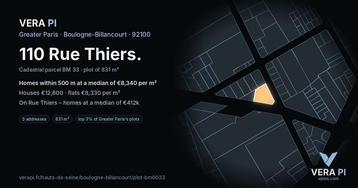 110 Rue Thiers, Boulogne-Billancourt at night – the plot lit, the parcels around coloured by the prices near them