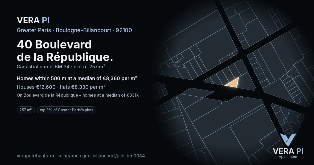 40 Boulevard de la République, Boulogne-Billancourt at night – the plot lit, the parcels around coloured by the prices near them