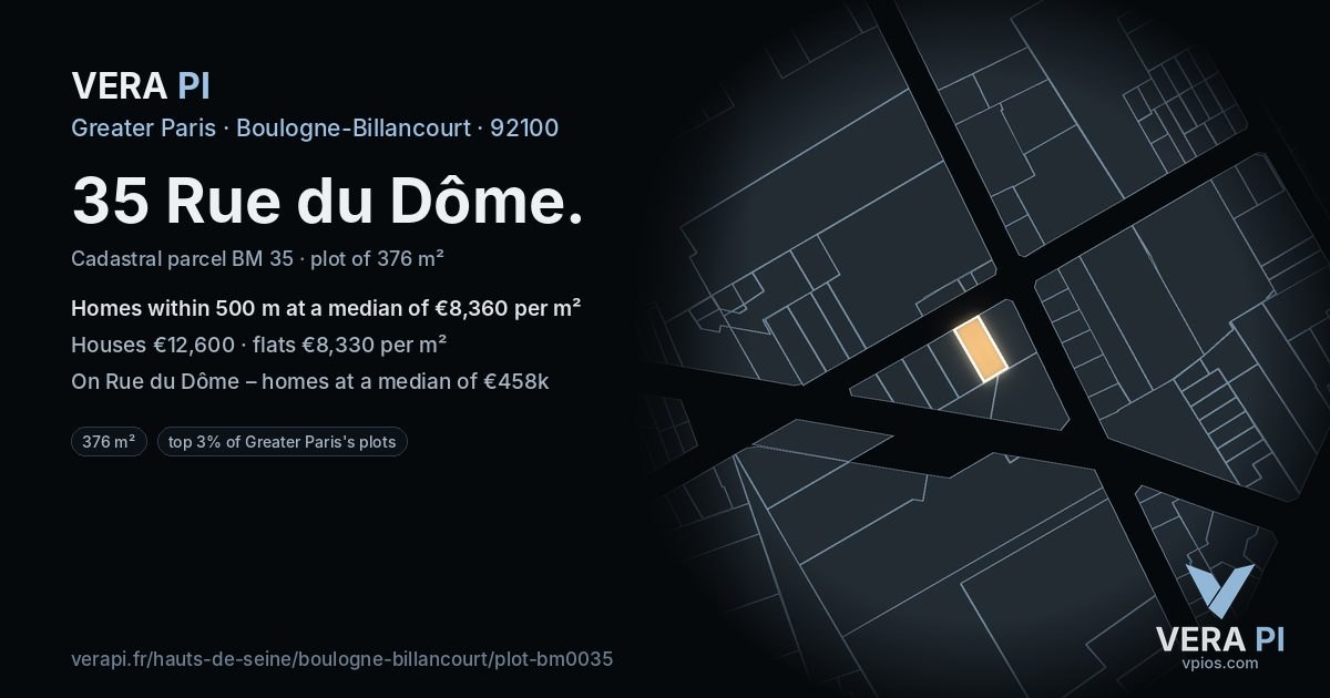 35 Rue du Dôme, Boulogne-Billancourt at night – the plot lit, the parcels around coloured by the prices near them