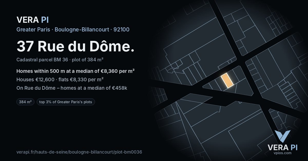 37 Rue du Dôme, Boulogne-Billancourt at night – the plot lit, the parcels around coloured by the prices near them