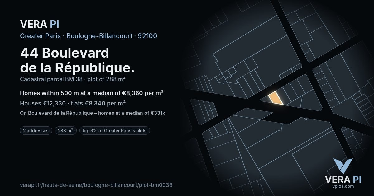 44 Boulevard de la République, Boulogne-Billancourt at night – the plot lit, the parcels around coloured by the prices near them