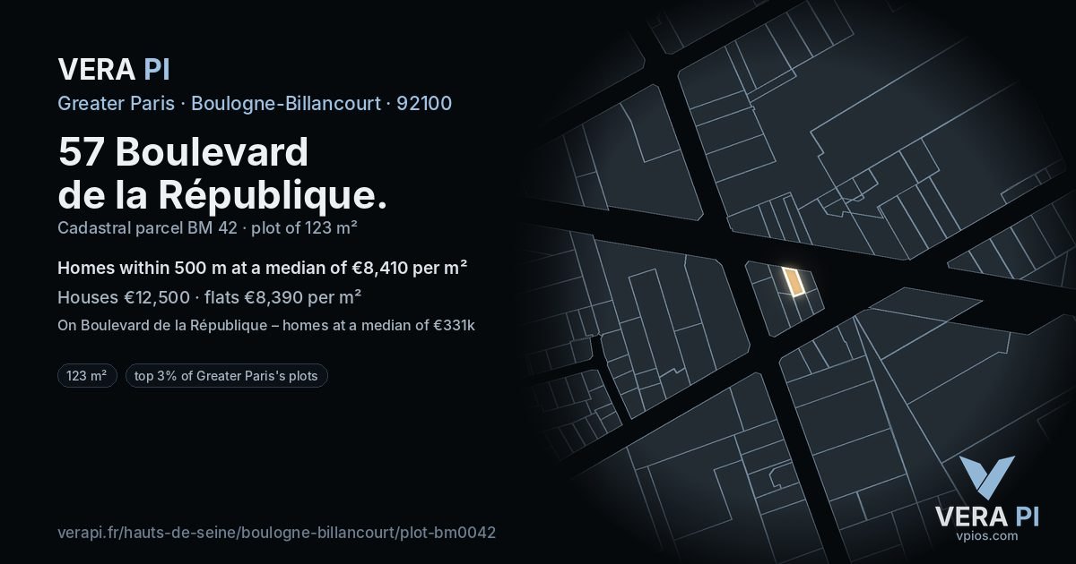 57 Boulevard de la République, Boulogne-Billancourt at night – the plot lit, the parcels around coloured by the prices near them
