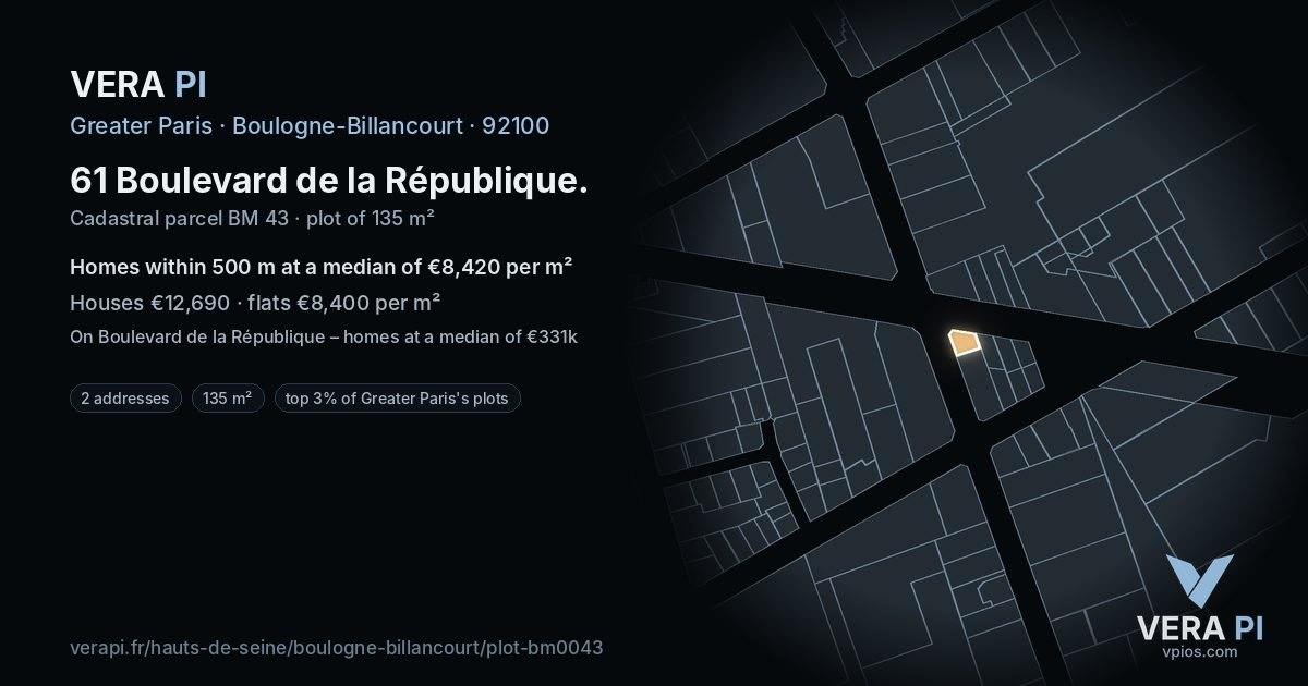 61 Boulevard de la République, Boulogne-Billancourt at night – the plot lit, the parcels around coloured by the prices near them