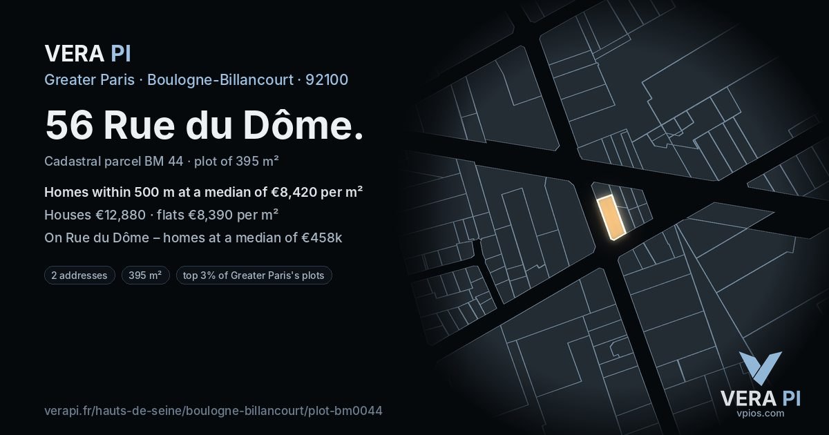 56 Rue du Dôme, Boulogne-Billancourt at night – the plot lit, the parcels around coloured by the prices near them