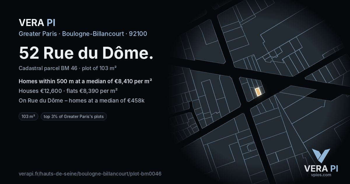 52 Rue du Dôme, Boulogne-Billancourt at night – the plot lit, the parcels around coloured by the prices near them