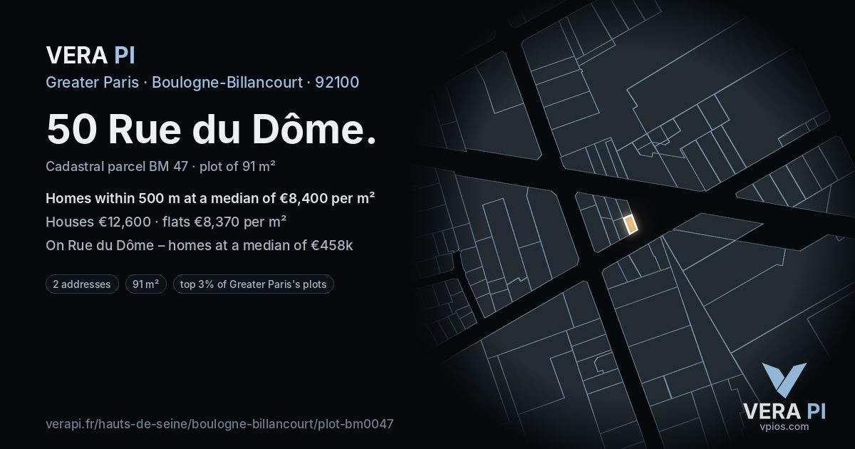 50 Rue du Dôme, Boulogne-Billancourt at night – the plot lit, the parcels around coloured by the prices near them
