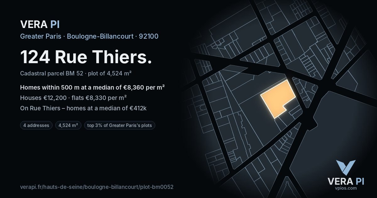 124 Rue Thiers, Boulogne-Billancourt at night – the plot lit, the parcels around coloured by the prices near them