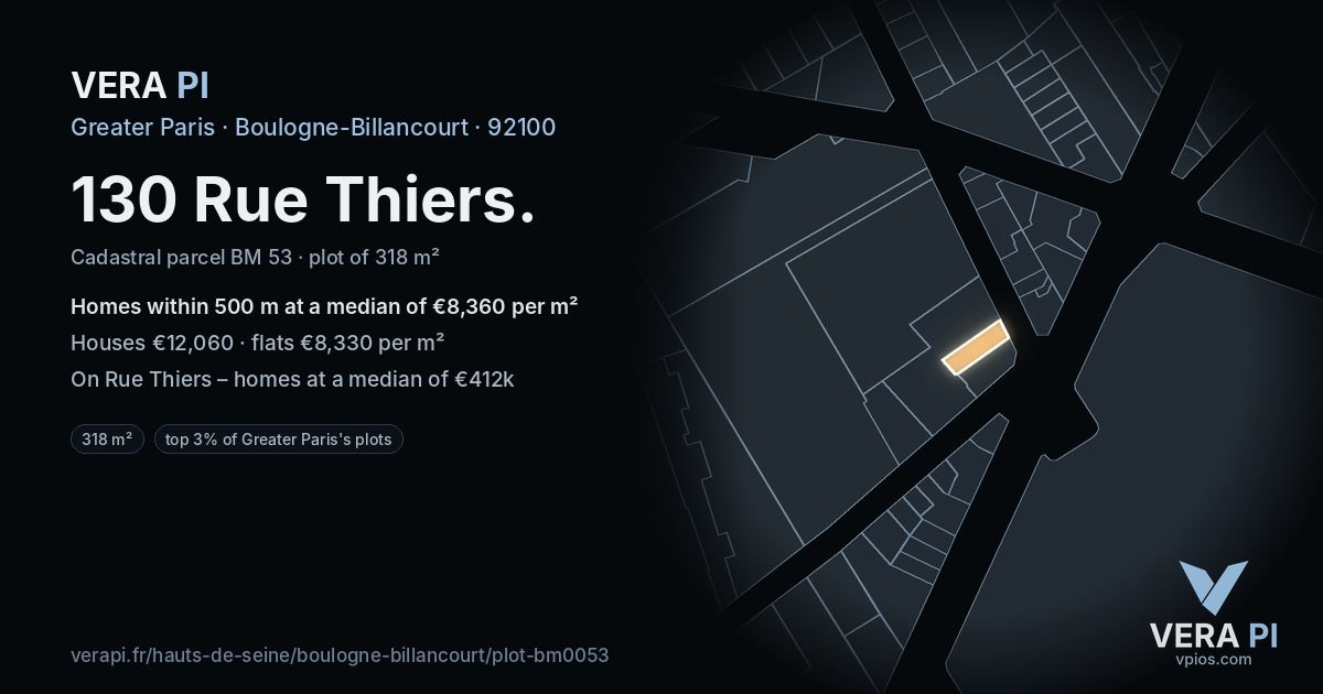 130 Rue Thiers, Boulogne-Billancourt at night – the plot lit, the parcels around coloured by the prices near them