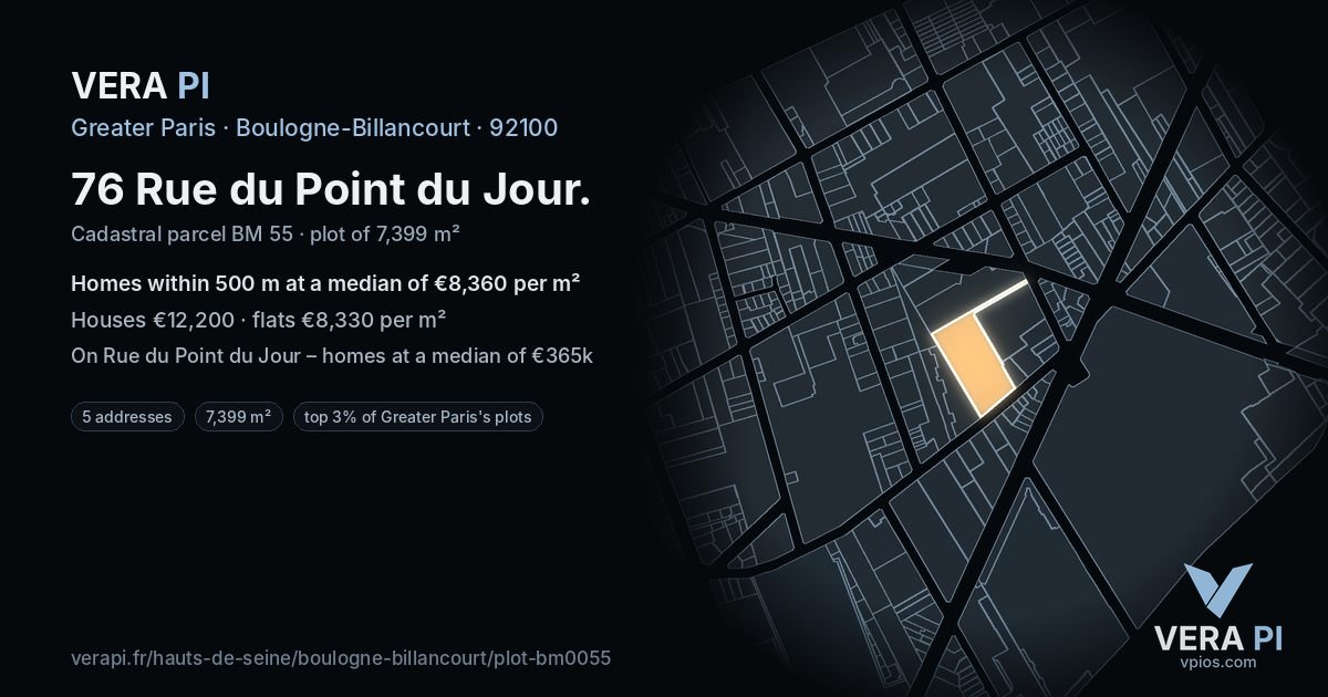 76 Rue du Point du Jour, Boulogne-Billancourt at night – the plot lit, the parcels around coloured by the prices near them