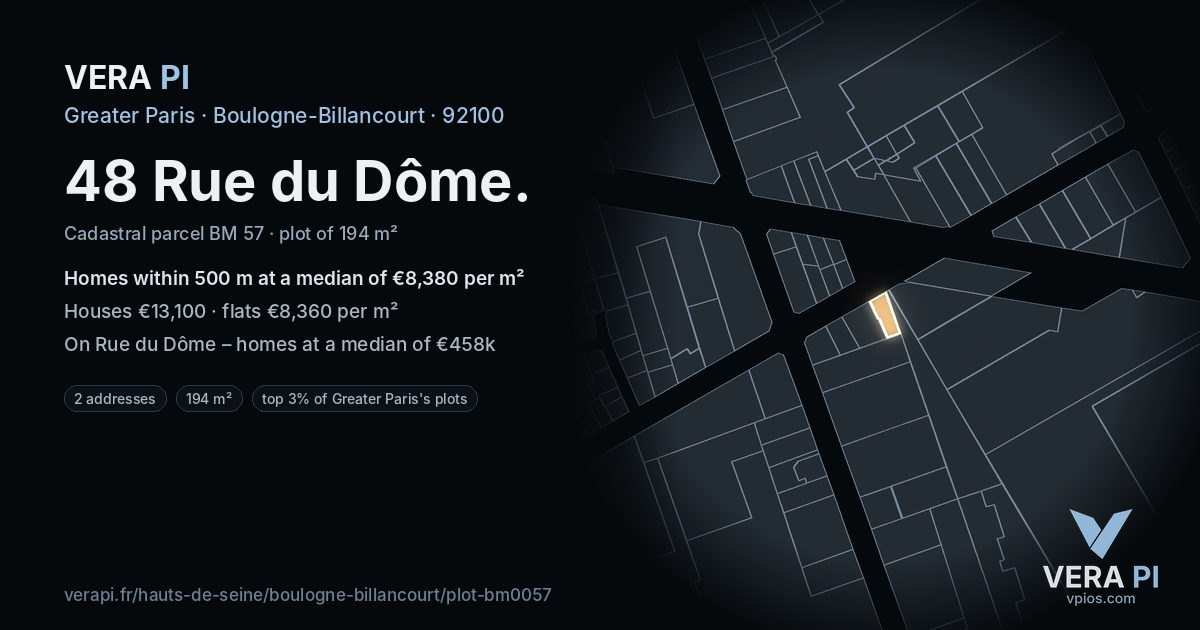 48 Rue du Dôme, Boulogne-Billancourt at night – the plot lit, the parcels around coloured by the prices near them