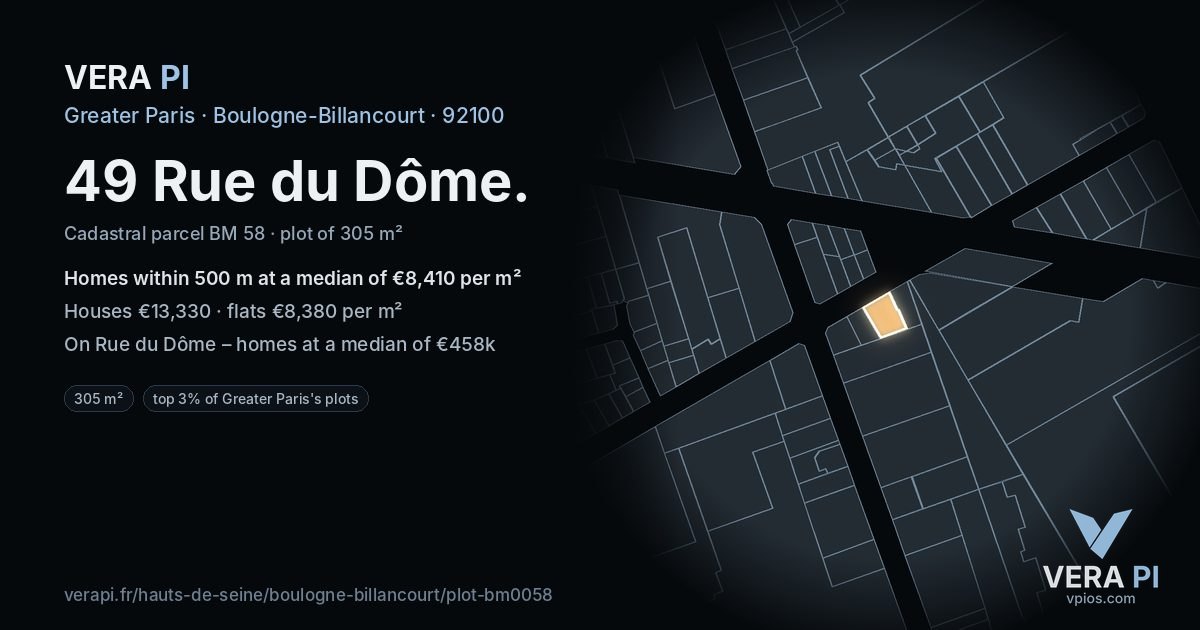 49 Rue du Dôme, Boulogne-Billancourt at night – the plot lit, the parcels around coloured by the prices near them