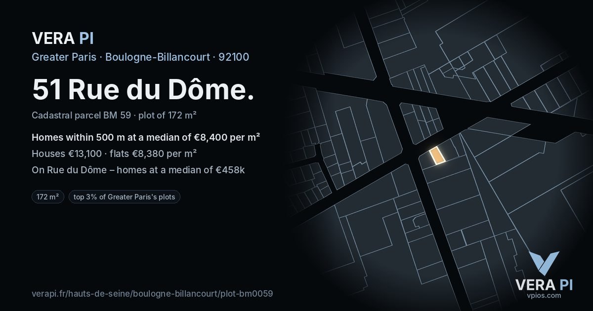 51 Rue du Dôme, Boulogne-Billancourt at night – the plot lit, the parcels around coloured by the prices near them