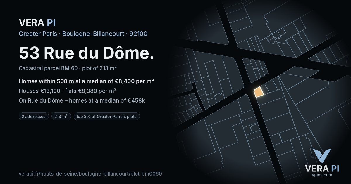 53 Rue du Dôme, Boulogne-Billancourt at night – the plot lit, the parcels around coloured by the prices near them