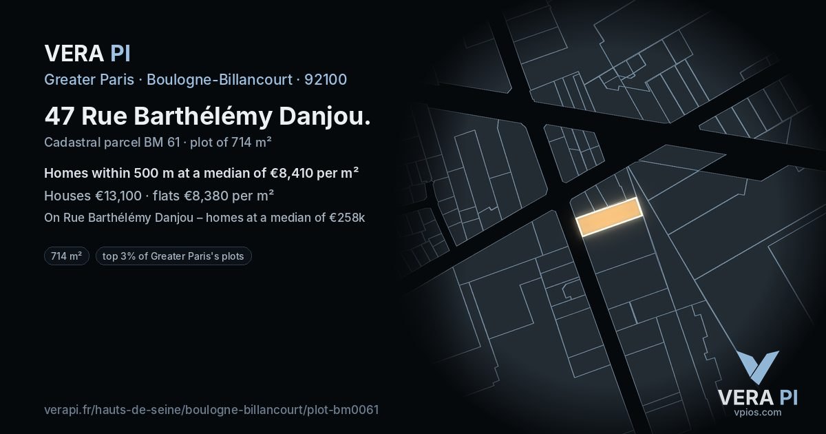 47 Rue Barthélémy Danjou, Boulogne-Billancourt at night – the plot lit, the parcels around coloured by the prices near them