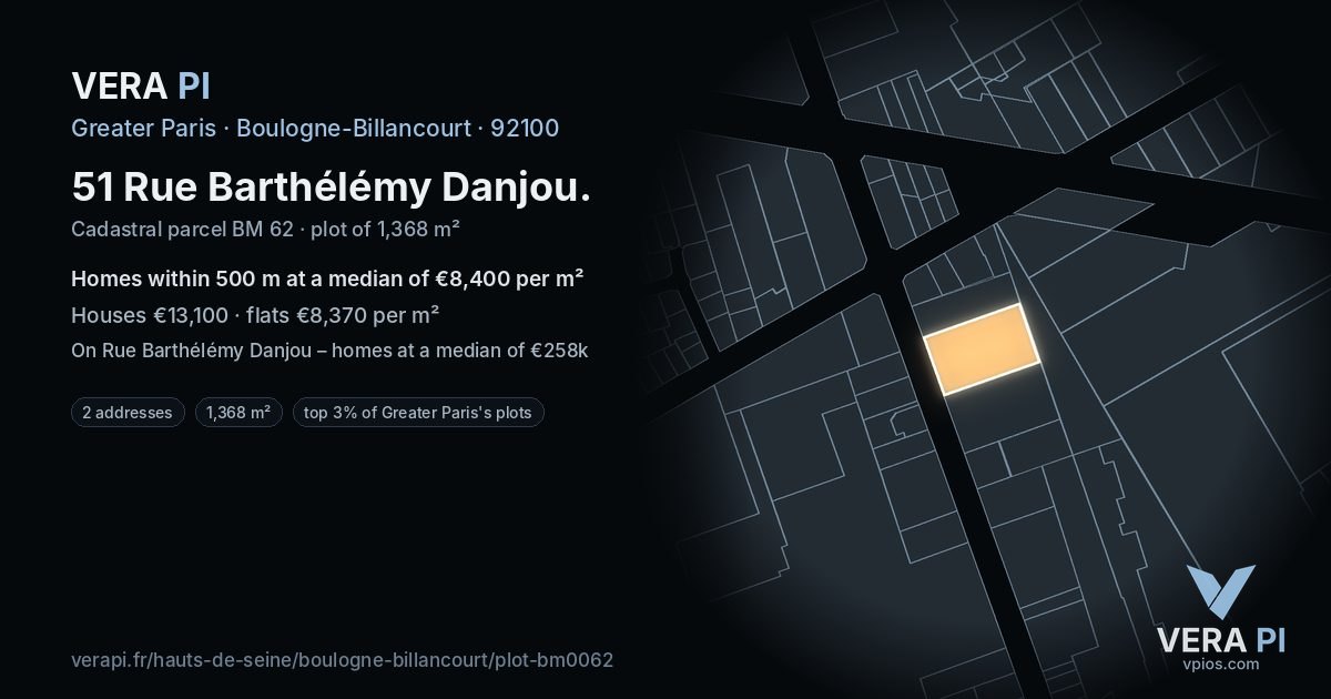 51 Rue Barthélémy Danjou, Boulogne-Billancourt at night – the plot lit, the parcels around coloured by the prices near them