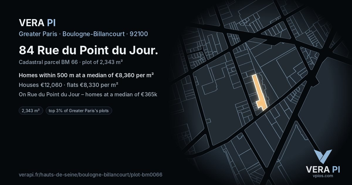 84 Rue du Point du Jour, Boulogne-Billancourt at night – the plot lit, the parcels around coloured by the prices near them