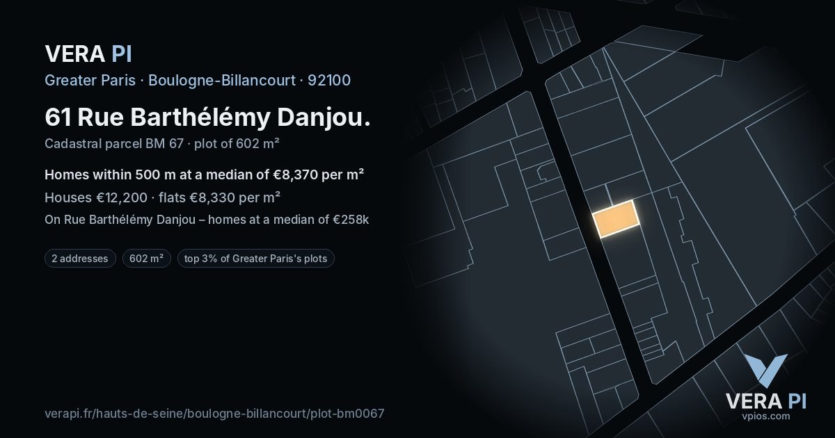 61 Rue Barthélémy Danjou, Boulogne-Billancourt at night – the plot lit, the parcels around coloured by the prices near them
