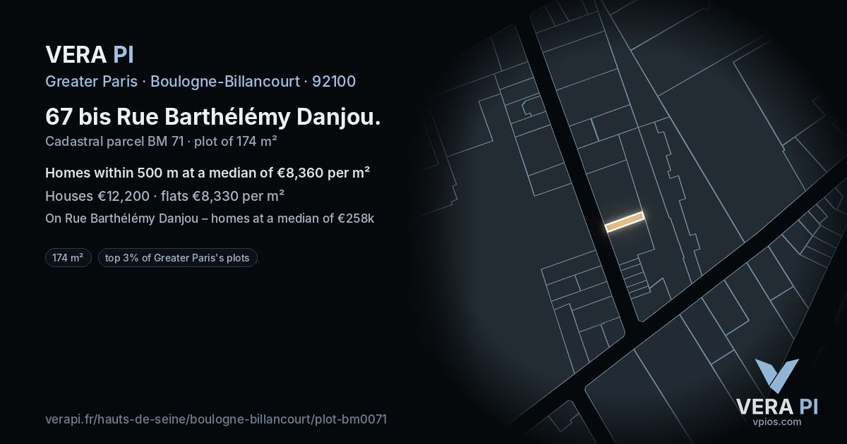 67 bis Rue Barthélémy Danjou, Boulogne-Billancourt at night – the plot lit, the parcels around coloured by the prices near them