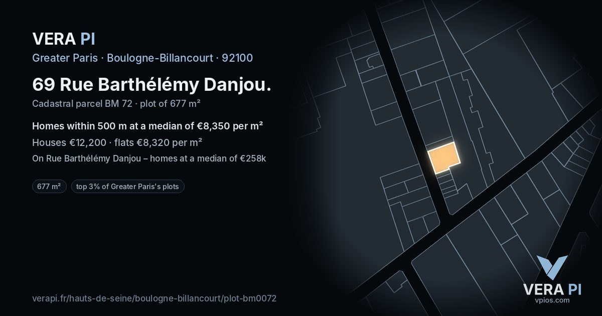 69 Rue Barthélémy Danjou, Boulogne-Billancourt at night – the plot lit, the parcels around coloured by the prices near them