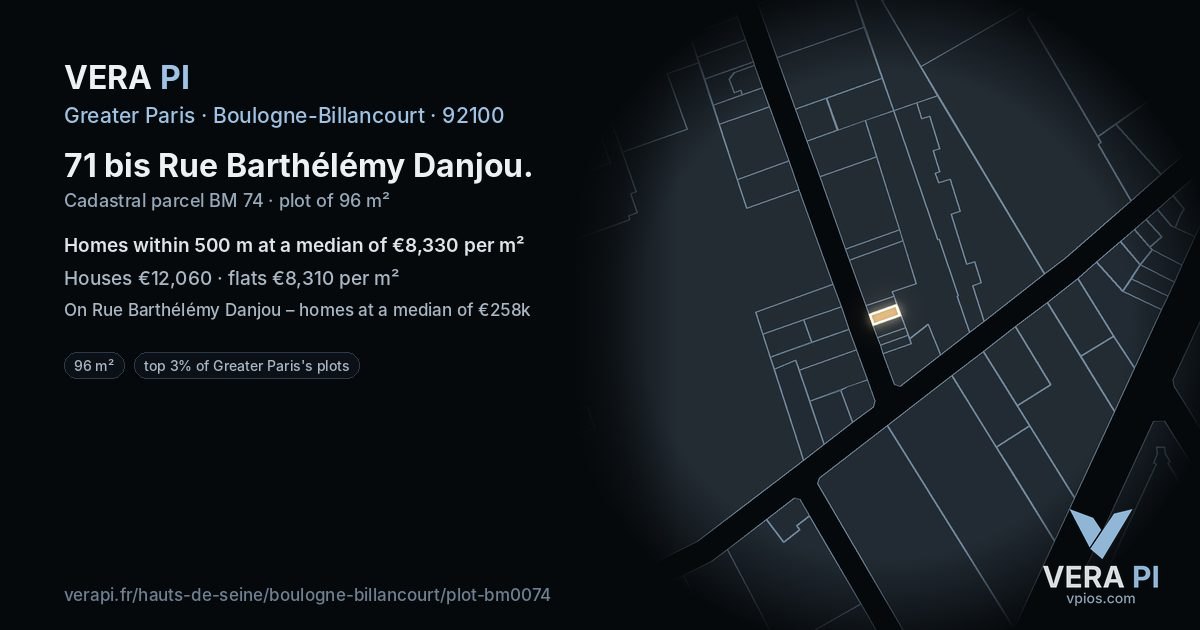 71 bis Rue Barthélémy Danjou, Boulogne-Billancourt at night – the plot lit, the parcels around coloured by the prices near them