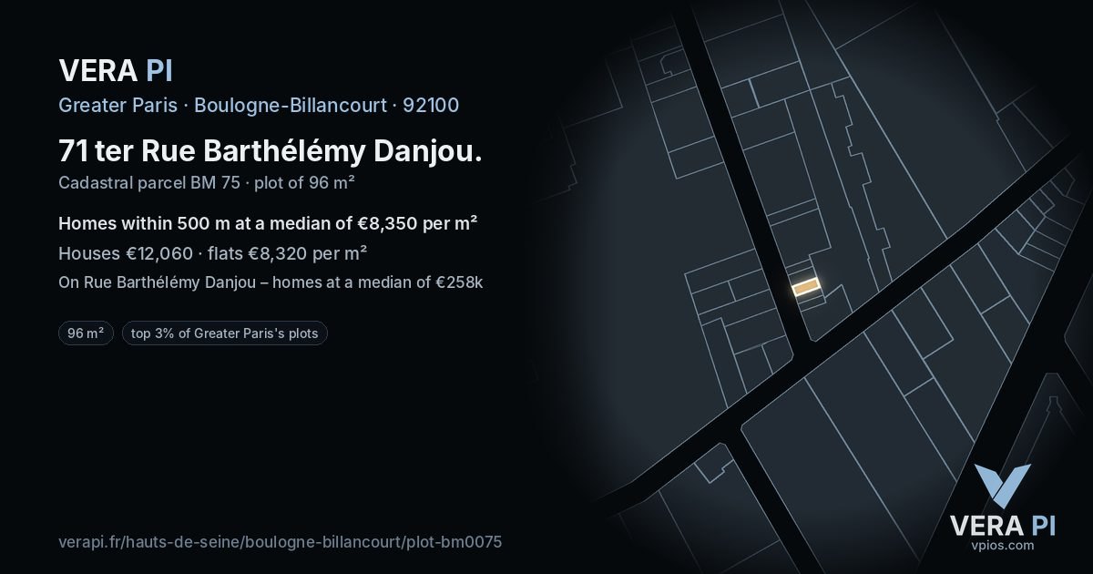 71 ter Rue Barthélémy Danjou, Boulogne-Billancourt at night – the plot lit, the parcels around coloured by the prices near them