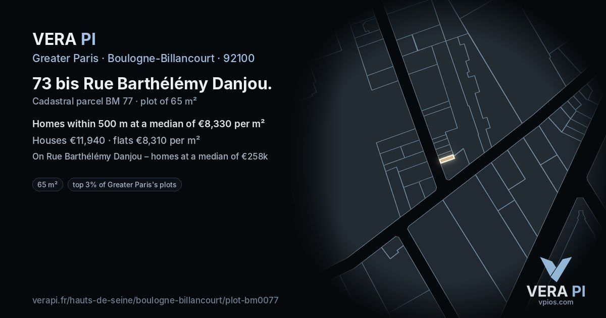 73 bis Rue Barthélémy Danjou, Boulogne-Billancourt at night – the plot lit, the parcels around coloured by the prices near them