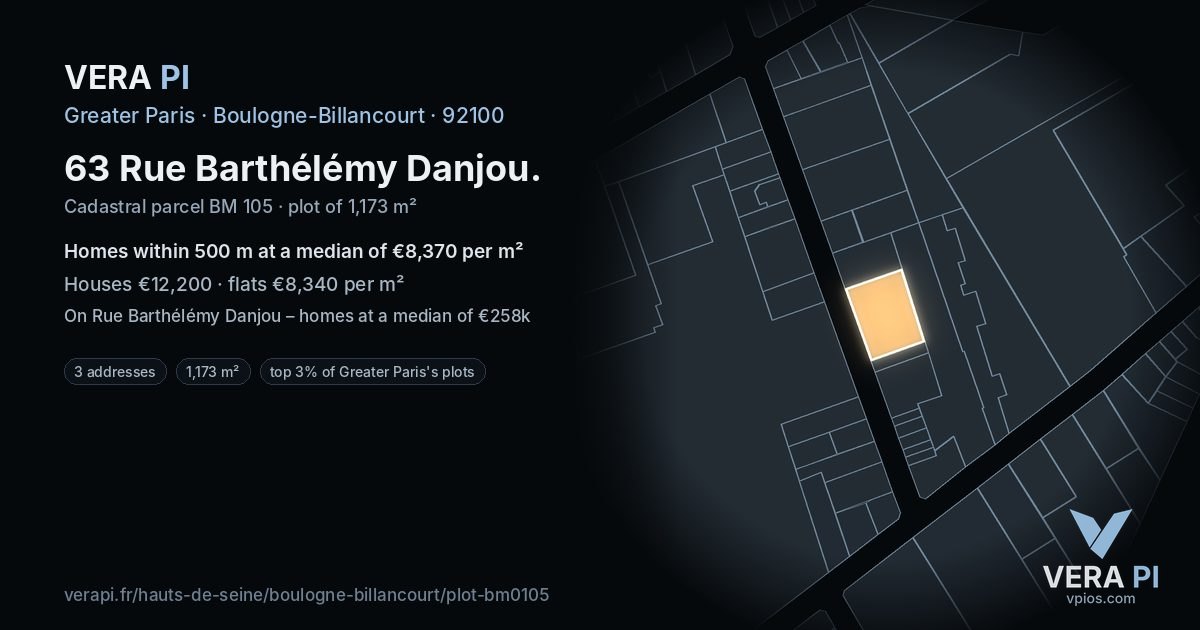 63 Rue Barthélémy Danjou, Boulogne-Billancourt at night – the plot lit, the parcels around coloured by the prices near them