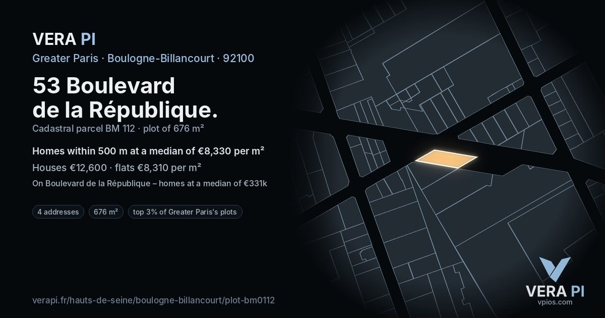 53 Boulevard de la République, Boulogne-Billancourt at night – the plot lit, the parcels around coloured by the prices near them
