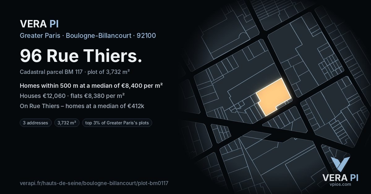 96 Rue Thiers, Boulogne-Billancourt at night – the plot lit, the parcels around coloured by the prices near them