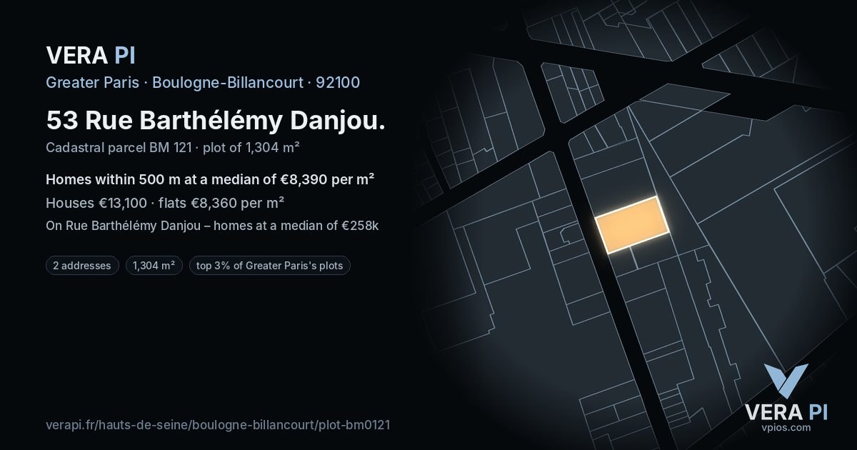 53 Rue Barthélémy Danjou, Boulogne-Billancourt at night – the plot lit, the parcels around coloured by the prices near them