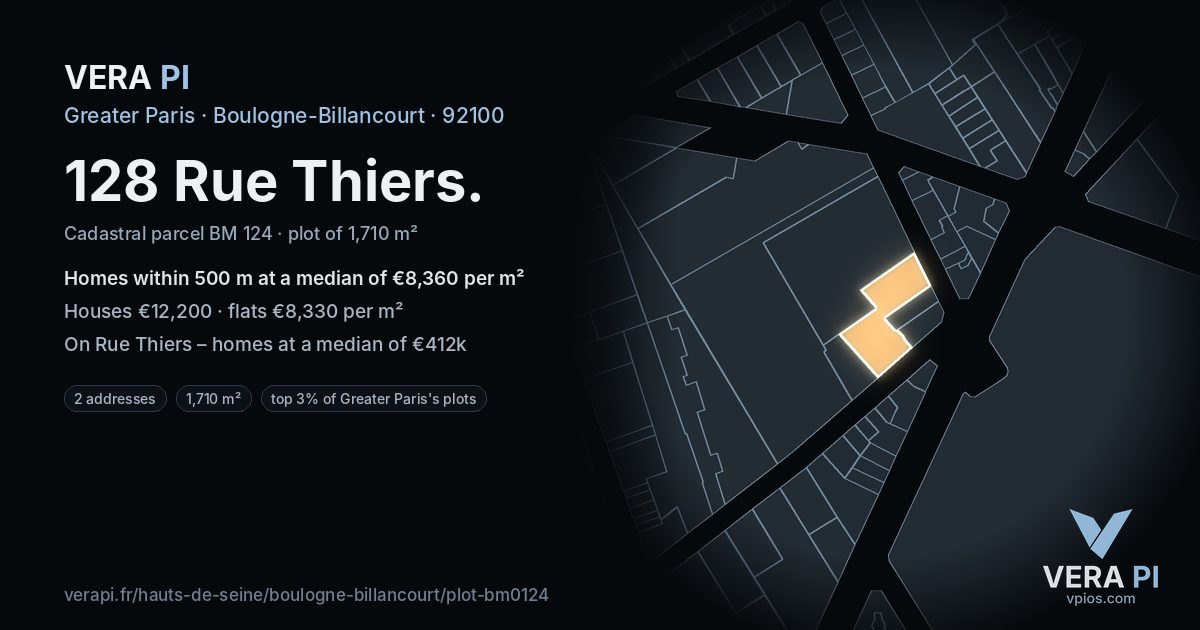 128 Rue Thiers, Boulogne-Billancourt at night – the plot lit, the parcels around coloured by the prices near them