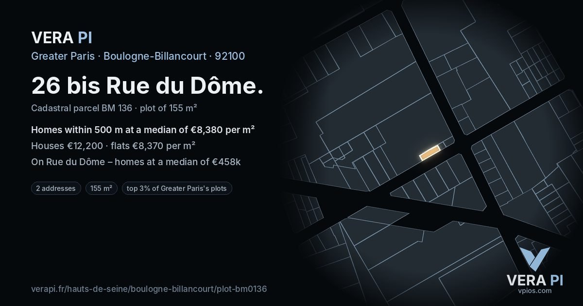 26 bis Rue du Dôme, Boulogne-Billancourt at night – the plot lit, the parcels around coloured by the prices near them