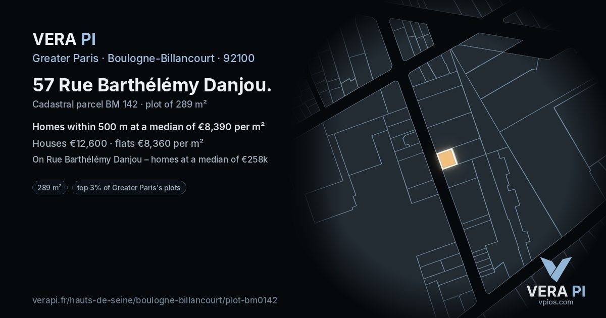 57 Rue Barthélémy Danjou, Boulogne-Billancourt at night – the plot lit, the parcels around coloured by the prices near them