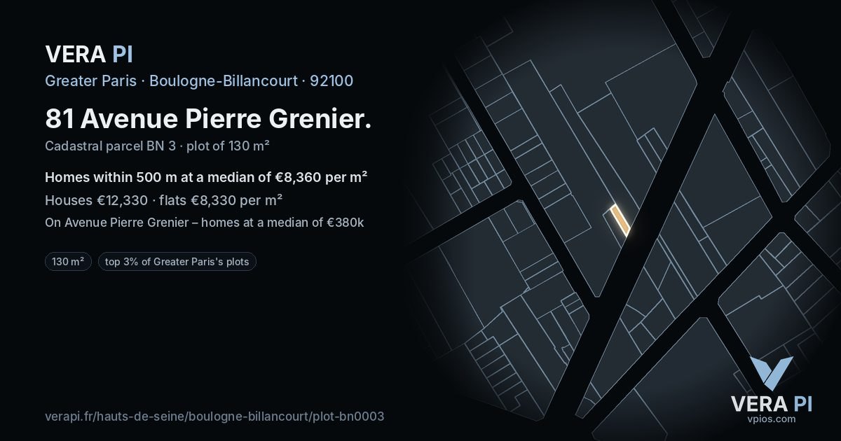 81 Avenue Pierre Grenier, Boulogne-Billancourt at night – the plot lit, the parcels around coloured by the prices near them