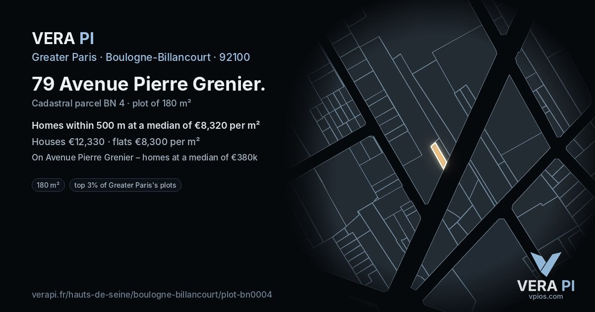 79 Avenue Pierre Grenier, Boulogne-Billancourt at night – the plot lit, the parcels around coloured by the prices near them