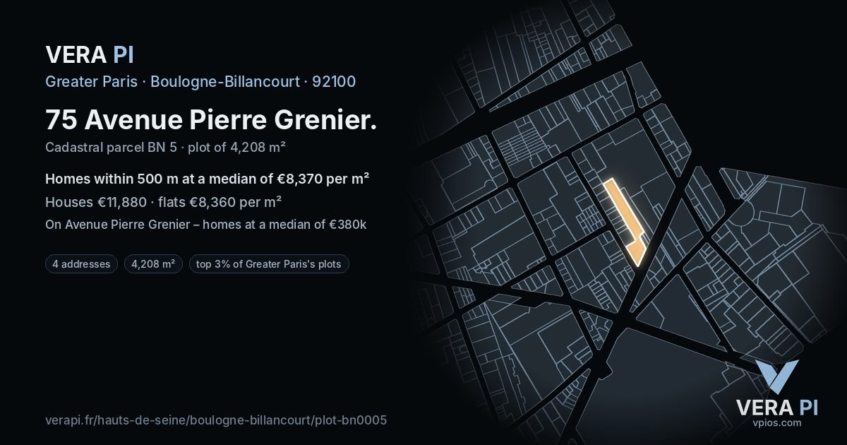 75 Avenue Pierre Grenier, Boulogne-Billancourt at night – the plot lit, the parcels around coloured by the prices near them