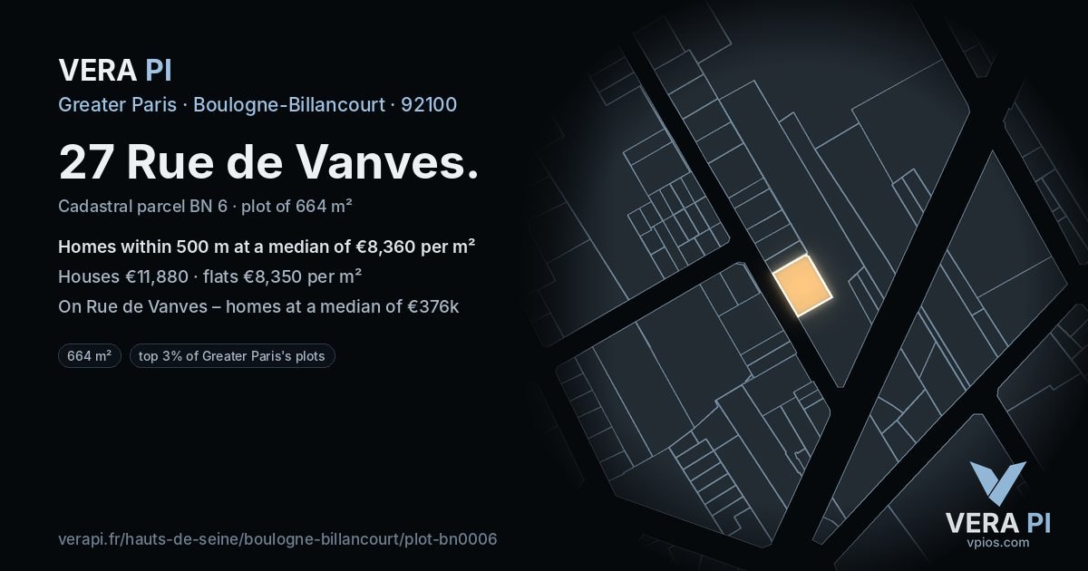 27 Rue de Vanves, Boulogne-Billancourt at night – the plot lit, the parcels around coloured by the prices near them
