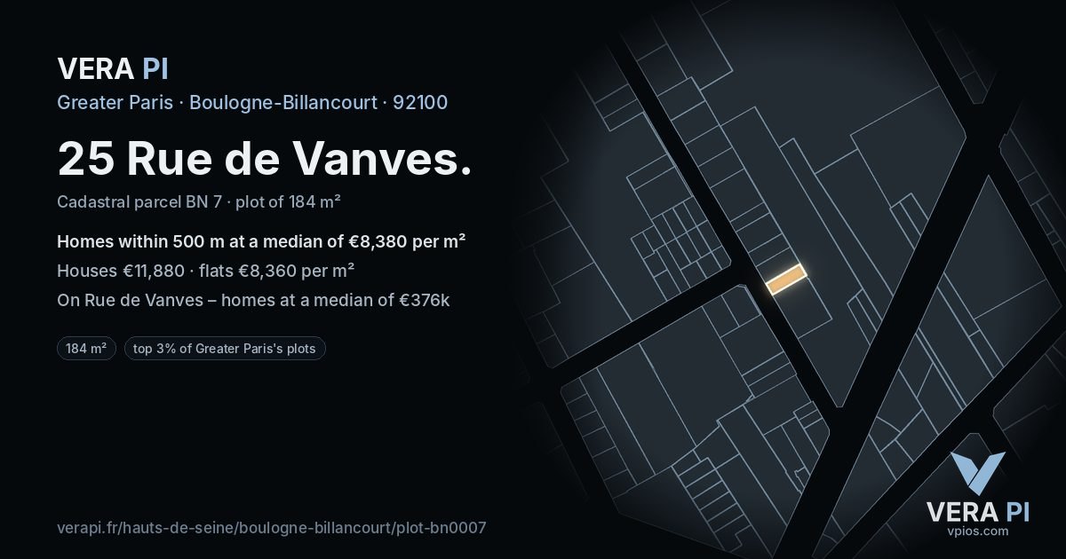 25 Rue de Vanves, Boulogne-Billancourt at night – the plot lit, the parcels around coloured by the prices near them