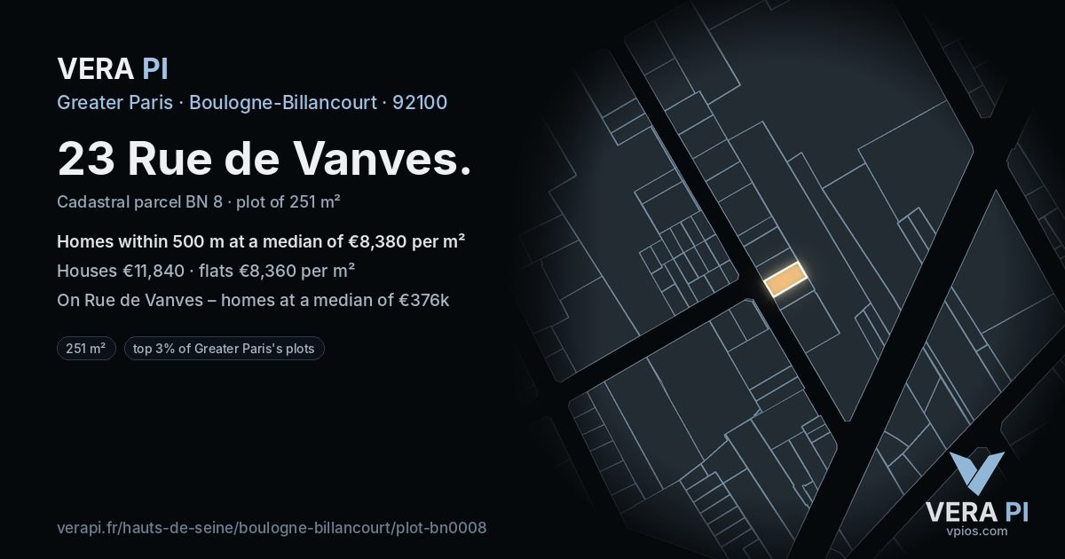 23 Rue de Vanves, Boulogne-Billancourt at night – the plot lit, the parcels around coloured by the prices near them
