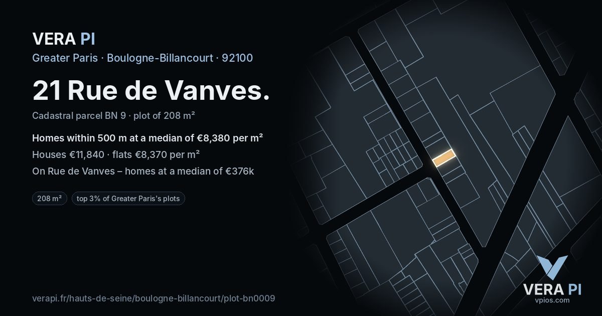 21 Rue de Vanves, Boulogne-Billancourt at night – the plot lit, the parcels around coloured by the prices near them