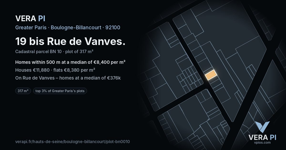 19 bis Rue de Vanves, Boulogne-Billancourt at night – the plot lit, the parcels around coloured by the prices near them