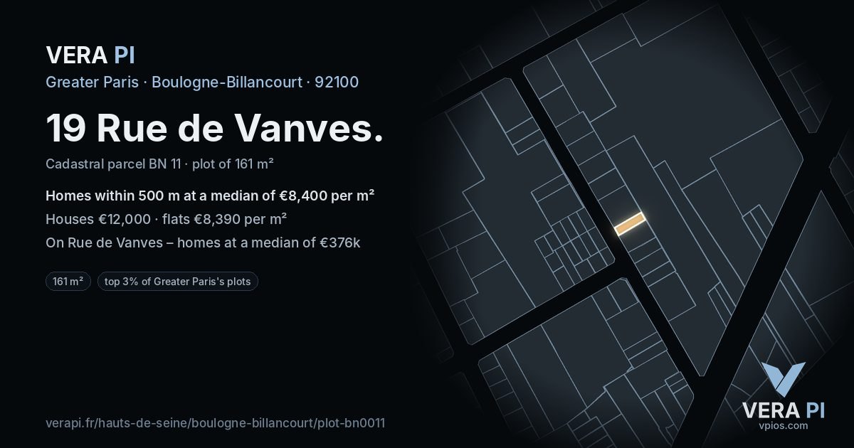 19 Rue de Vanves, Boulogne-Billancourt at night – the plot lit, the parcels around coloured by the prices near them