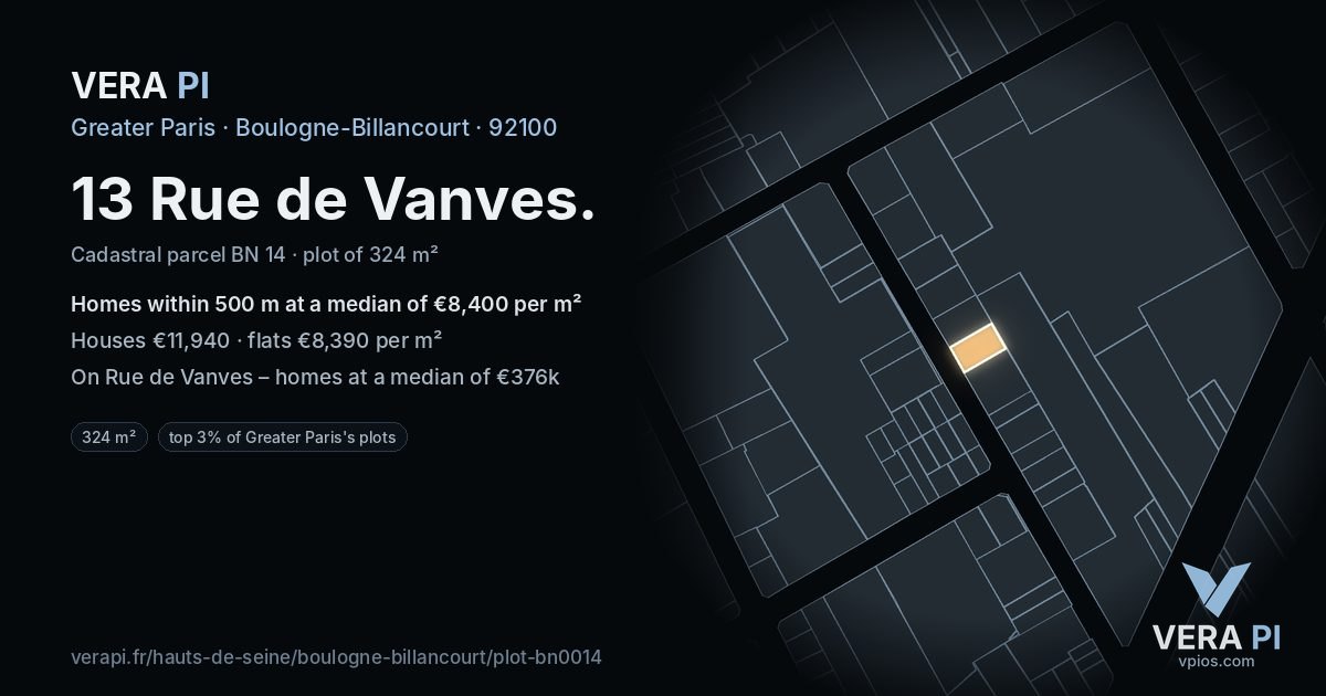 13 Rue de Vanves, Boulogne-Billancourt at night – the plot lit, the parcels around coloured by the prices near them