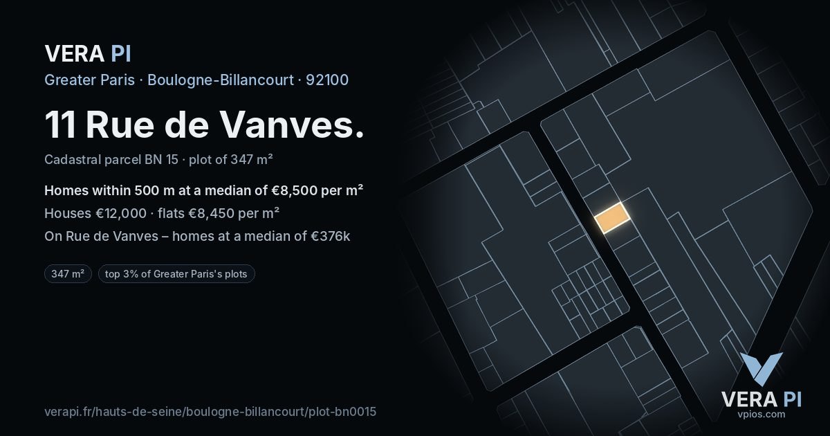 11 Rue de Vanves, Boulogne-Billancourt at night – the plot lit, the parcels around coloured by the prices near them